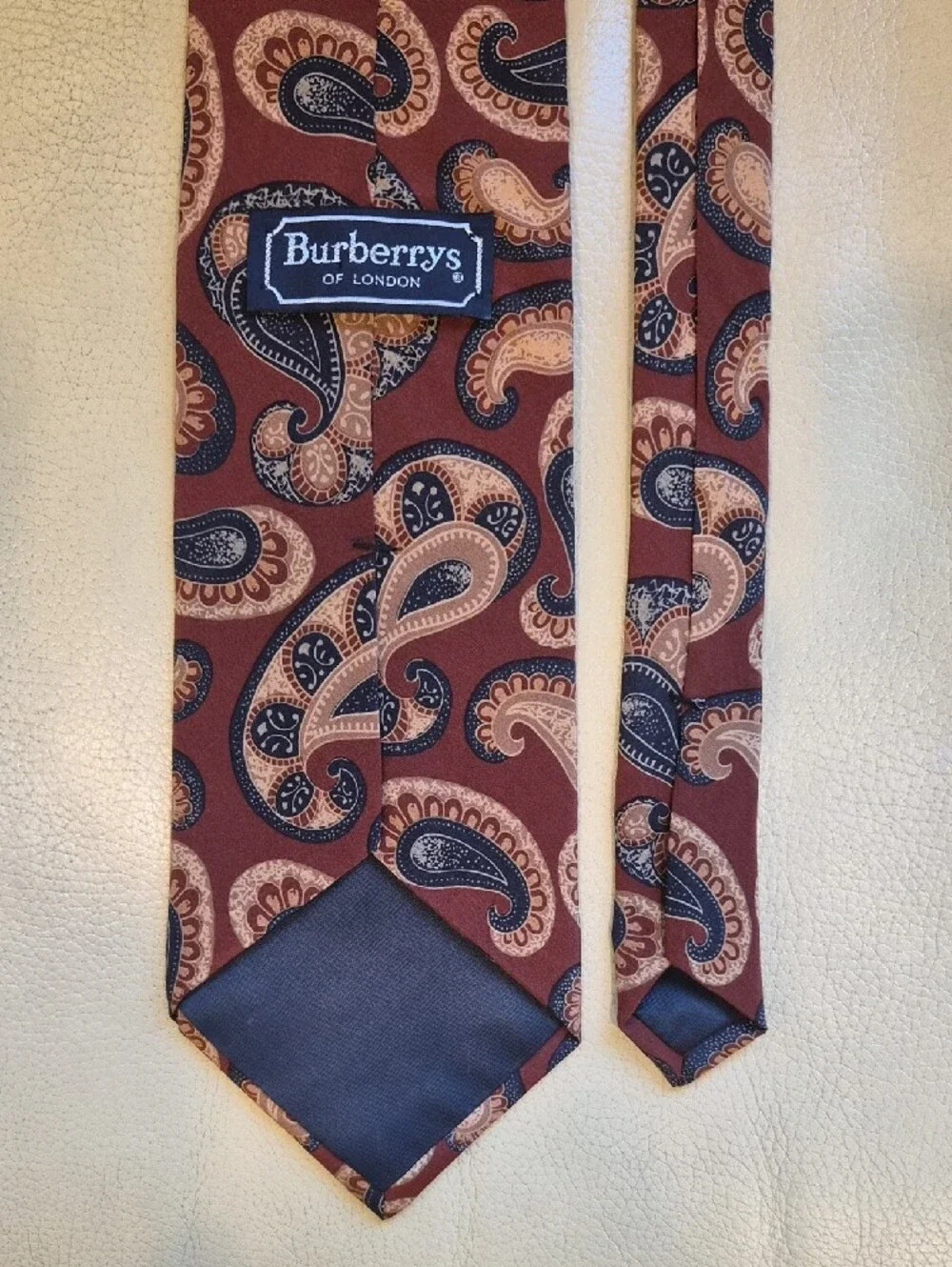 Vintage Burberrys Of London Burgundy Paisley Silk Tie with Navy and Cream Accent